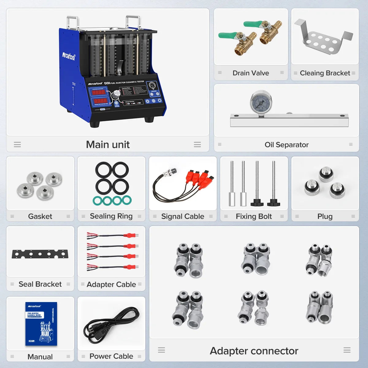 MRCARTOOL V209 GDI EFI FEI Limpiador y comprobador de inyectores de combustible piezoeléctricos, 4 cilindros, comprobador de inyectores de combustible para automóviles